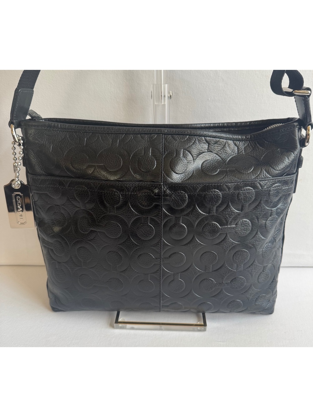Coach 70248 Black Leather Op Art Embossed Crossbody Shoulder Bag M1193